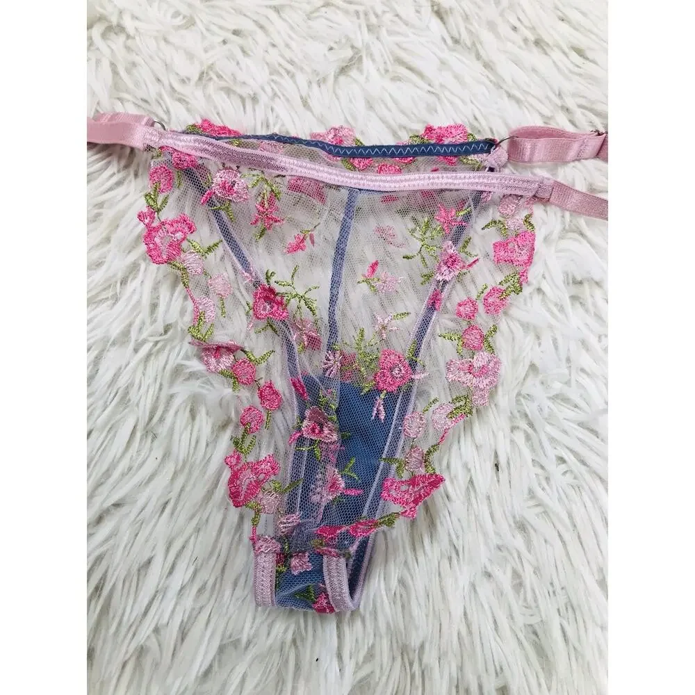 Multicolor Pink Thong Panty M MEDIUM Strappy Mesh Floral NWOT